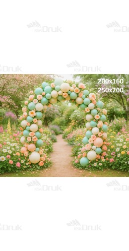 Tło fotograficzne z pastelową bramą balonową w ogrodzie kwiatowym | E551